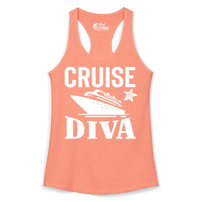 Cruise Diva Shirt - Bold Nautical Vacation Apparel for Women (Ladies Tank) in Solid Light Orange - Cruise Diva Shirt - Bold Nautical Block Letters with Cruise Ship Graphic