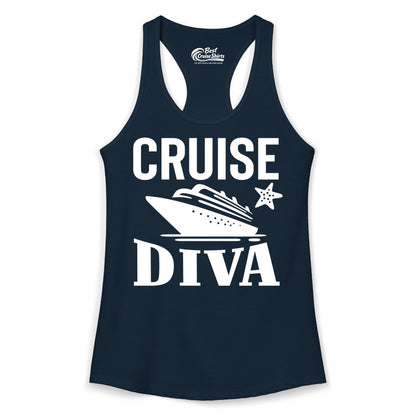 Cruise Diva Shirt - Bold Nautical Vacation Apparel for Women (Ladies Tank) in Solid Midnight Navy - Cruise Diva Shirt - Bold Nautical Block Letters with Cruise Ship Graphic