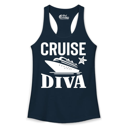 Cruise Diva Shirt - Bold Nautical Vacation Apparel for Women (Ladies Tank) in Solid Midnight Navy - Cruise Diva Shirt - Bold Nautical Block Letters with Cruise Ship Graphic