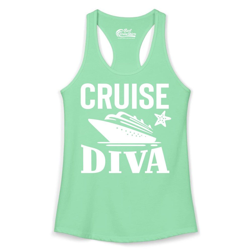 Cruise Diva Shirt - Bold Nautical Vacation Apparel for Women (Ladies Tank) in Solid Mint - Cruise Diva Shirt - Bold Nautical Block Letters with Cruise Ship Graphic
