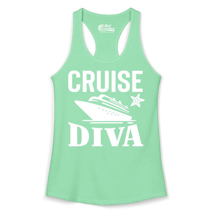 Cruise Diva Shirt - Bold Nautical Vacation Apparel for Women (Ladies Tank) in Solid Mint - Cruise Diva Shirt - Bold Nautical Block Letters with Cruise Ship Graphic
