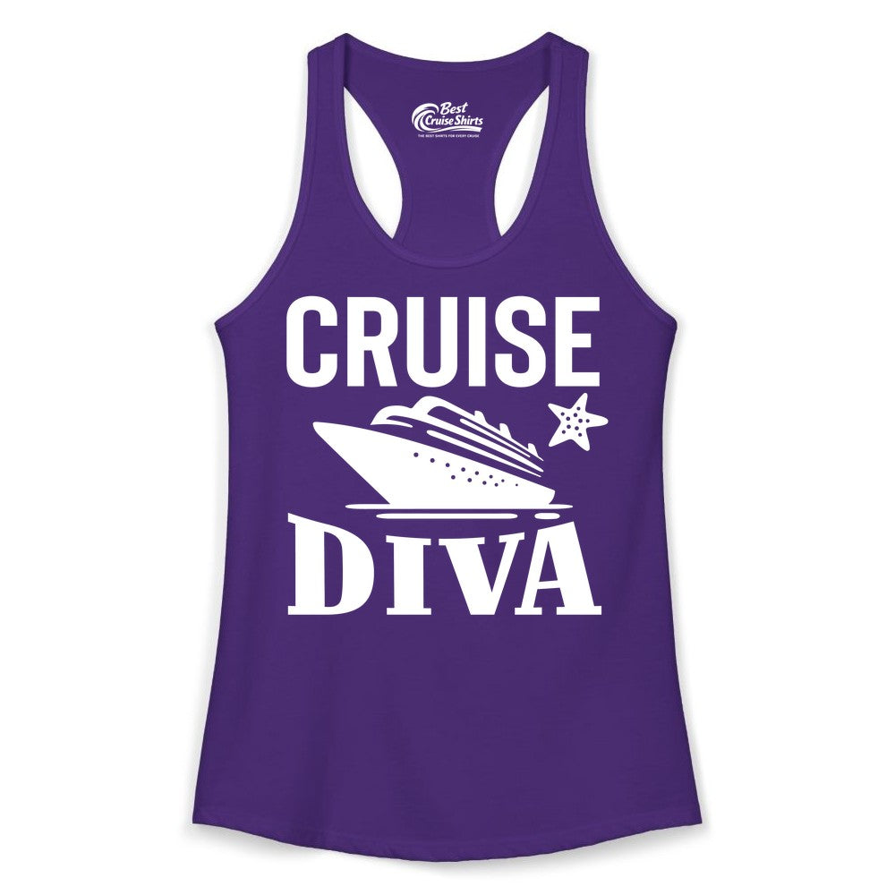 Cruise Diva Shirt - Bold Nautical Vacation Apparel for Women (Ladies Tank) in Solid Purple Rush - Cruise Diva Shirt - Bold Nautical Block Letters with Cruise Ship Graphic
