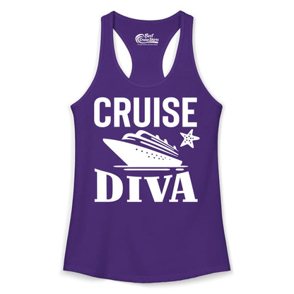 Cruise Diva Shirt - Bold Nautical Vacation Apparel for Women (Ladies Tank) in Solid Purple Rush - Cruise Diva Shirt - Bold Nautical Block Letters with Cruise Ship Graphic