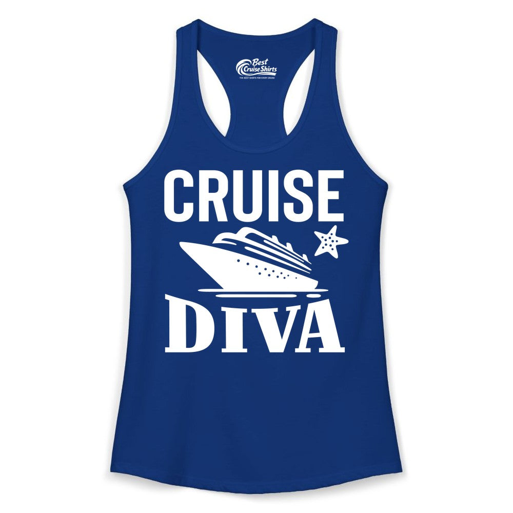 Cruise Diva Shirt - Bold Nautical Vacation Apparel for Women (Ladies Tank) in Solid Royal - Cruise Diva Shirt - Bold Nautical Block Letters with Cruise Ship Graphic