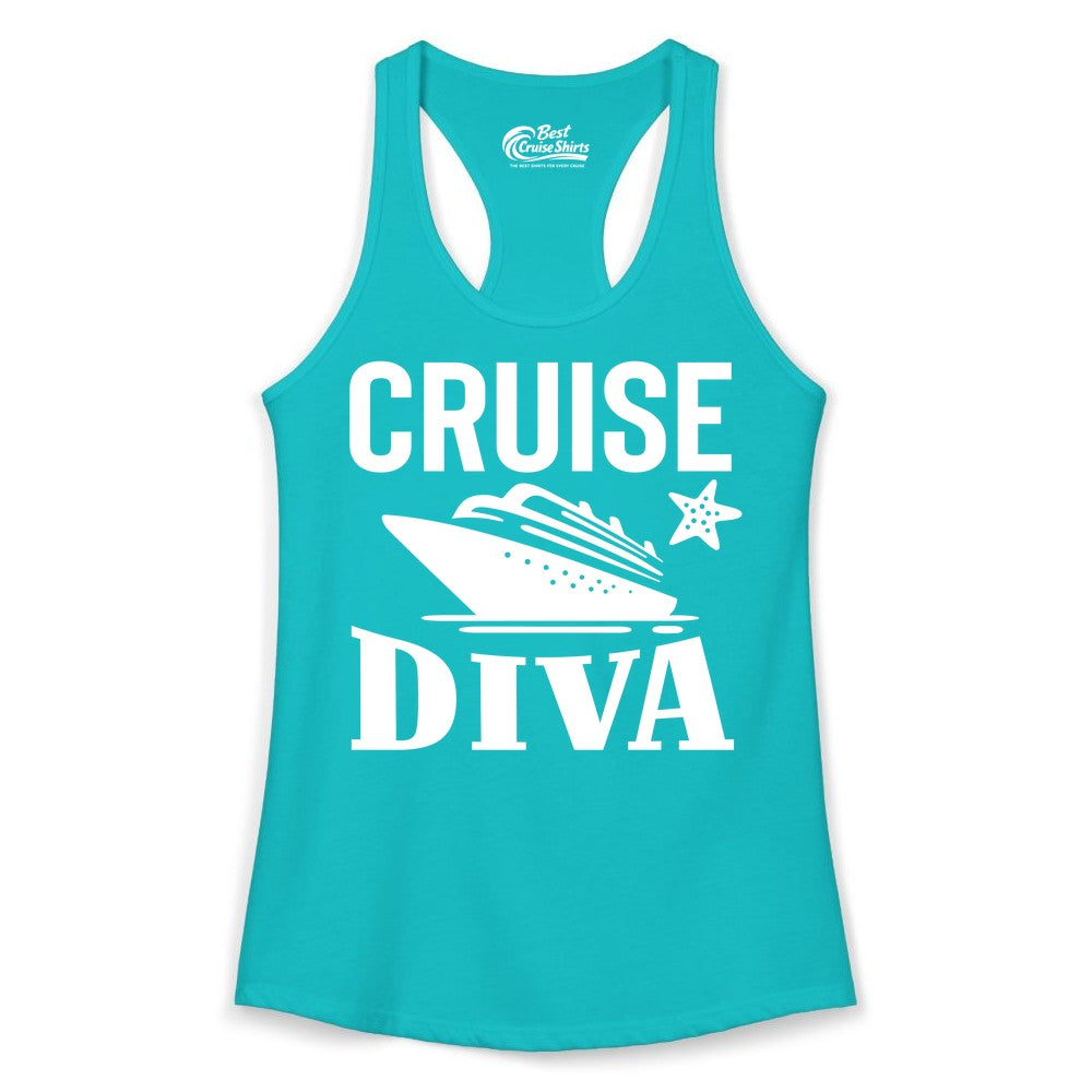 Cruise Diva Shirt - Bold Nautical Vacation Apparel for Women (Ladies Tank) in Tahiti Blue - Cruise Diva Shirt - Bold Nautical Block Letters with Cruise Ship Graphic