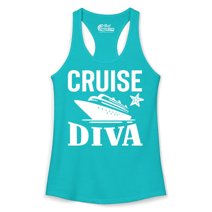 Cruise Diva Shirt - Bold Nautical Vacation Apparel for Women (Ladies Tank) in Tahiti Blue - Cruise Diva Shirt - Bold Nautical Block Letters with Cruise Ship Graphic