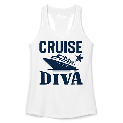 Cruise Diva Shirt - Bold Nautical Vacation Apparel for Women (Ladies Tank) in White - Cruise Diva Shirt - Bold Nautical Block Letters with Cruise Ship Graphic
