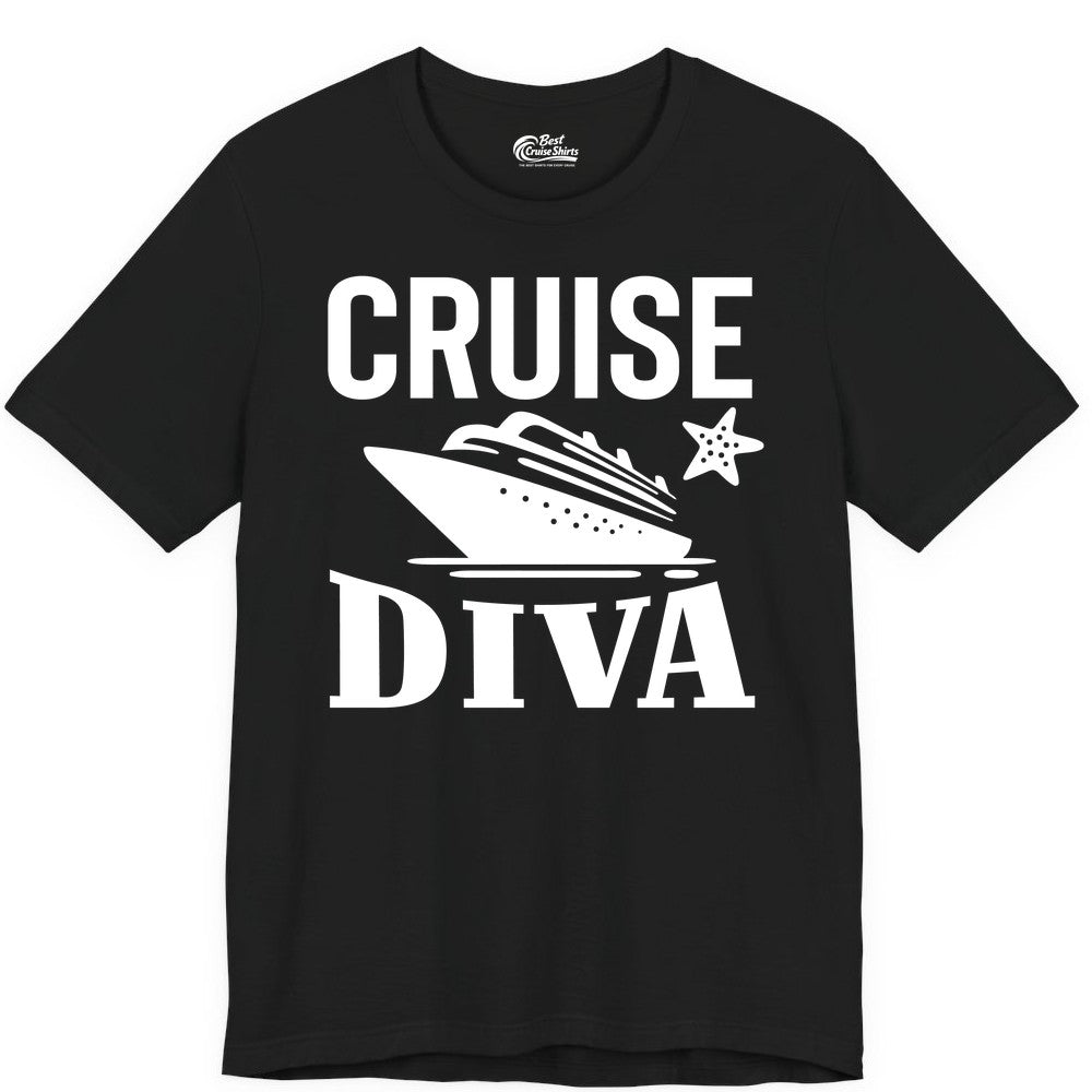Cruise Diva Shirt - Bold Nautical Vacation Apparel for Women (Premium Tee) in Black - Cruise Diva Shirt - Bold Nautical Block Letters with Cruise Ship Graphic