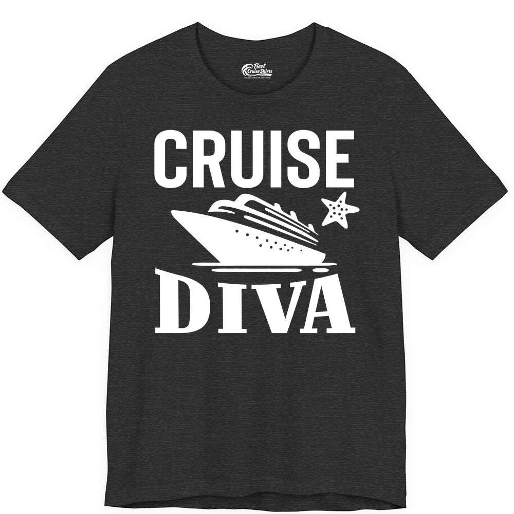 Cruise Diva Shirt - Bold Nautical Vacation Apparel for Women (Premium Tee) in Dark Grey Heather - Cruise Diva Shirt - Bold Nautical Block Letters with Cruise Ship Graphic