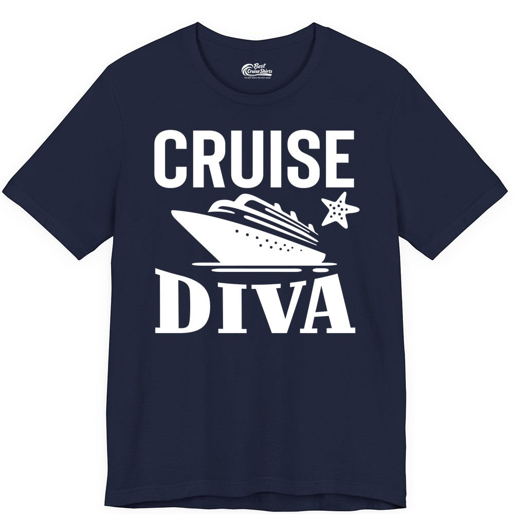 Cruise Diva Shirt - Bold Nautical Vacation Apparel for Women (Premium Tee) in Navy - Cruise Diva Shirt - Bold Nautical Block Letters with Cruise Ship Graphic