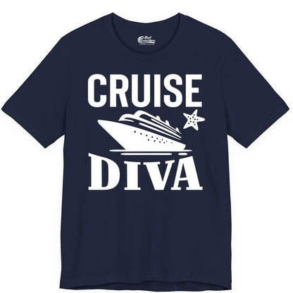 Cruise Diva Shirt - Bold Nautical Vacation Apparel for Women (Premium Tee) in Navy - Cruise Diva Shirt - Bold Nautical Block Letters with Cruise Ship Graphic