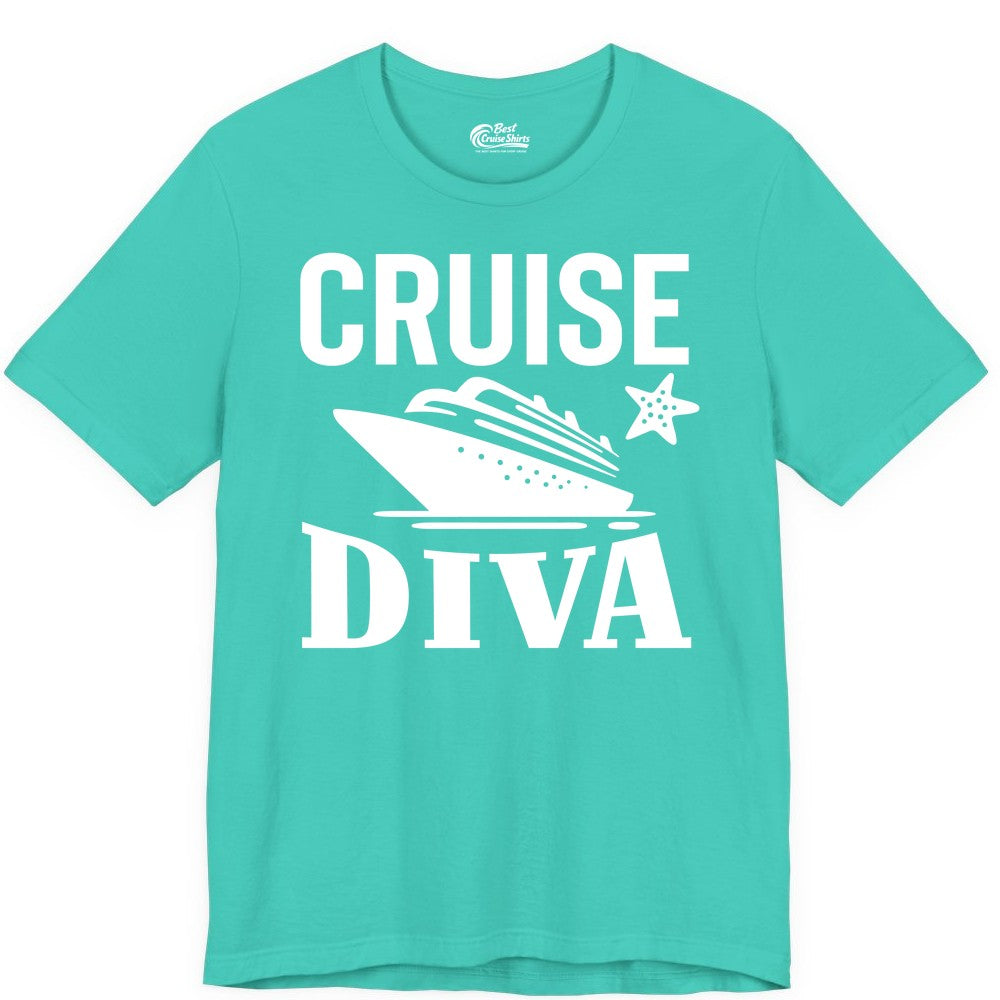 Cruise Diva Shirt - Bold Nautical Vacation Apparel for Women (Premium Tee) in Teal - Cruise Diva Shirt - Bold Nautical Block Letters with Cruise Ship Graphic