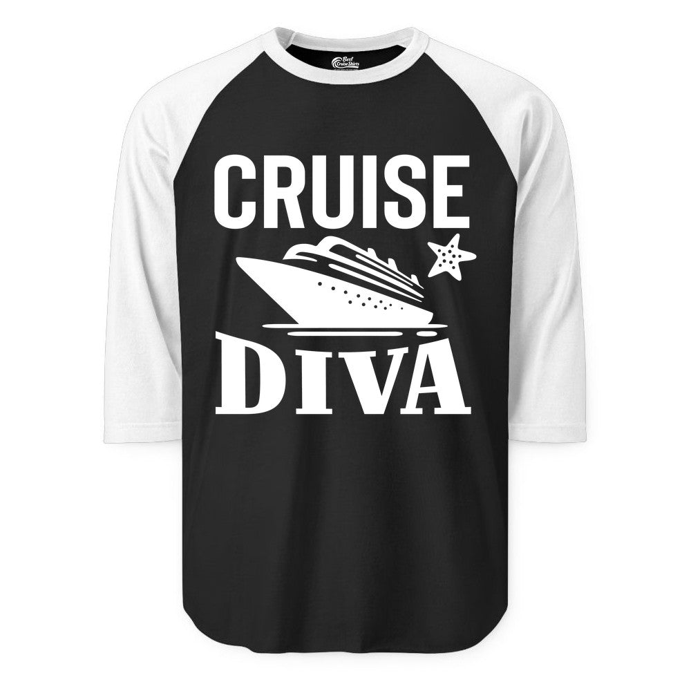 Cruise Diva Shirt - Bold Nautical Vacation Apparel for Women (Raglan) in BlackWhite - Cruise Diva Shirt - Bold Nautical Block Letters with Cruise Ship Graphic
