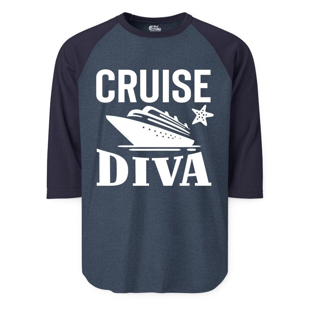 Cruise Diva Shirt - Bold Nautical Vacation Apparel for Women (Raglan) in Heather DenimNavy - Cruise Diva Shirt - Bold Nautical Block Letters with Cruise Ship Graphic
