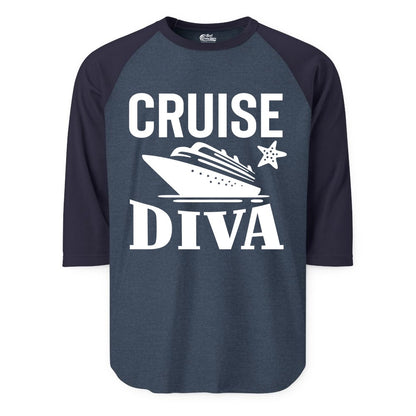 Cruise Diva Shirt - Bold Nautical Vacation Apparel for Women (Raglan) in Heather DenimNavy - Cruise Diva Shirt - Bold Nautical Block Letters with Cruise Ship Graphic