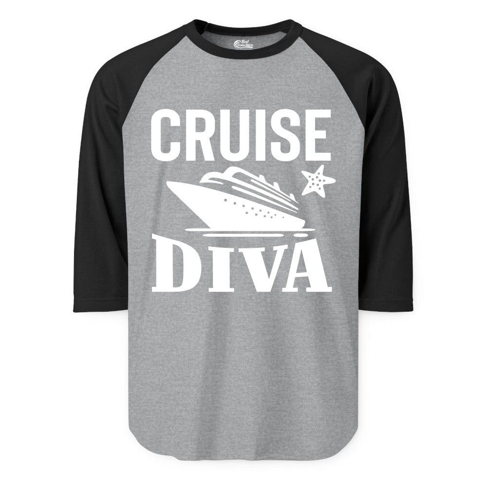 Cruise Diva Shirt - Bold Nautical Vacation Apparel for Women (Raglan) in Heather GreyBlack - Cruise Diva Shirt - Bold Nautical Block Letters with Cruise Ship Graphic