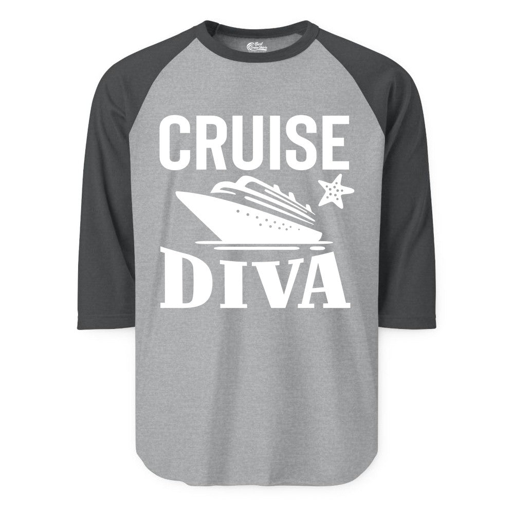 Cruise Diva Shirt - Bold Nautical Vacation Apparel for Women (Raglan) in Heather GreyHeather Charcoal - Cruise Diva Shirt - Bold Nautical Block Letters with Cruise Ship Graphic