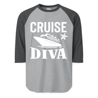 Cruise Diva Shirt - Bold Nautical Vacation Apparel for Women (Raglan) in Heather GreyHeather Charcoal - Cruise Diva Shirt - Bold Nautical Block Letters with Cruise Ship Graphic