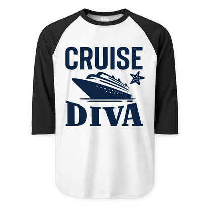 Cruise Diva Shirt - Bold Nautical Vacation Apparel for Women (Raglan) in WhiteBlack - Cruise Diva Shirt - Bold Nautical Block Letters with Cruise Ship Graphic