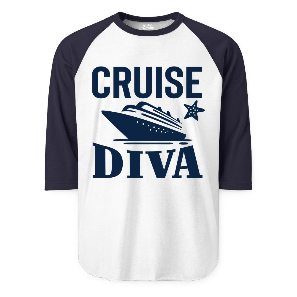 Cruise Diva Shirt - Bold Nautical Vacation Apparel for Women (Raglan) in WhiteNavy - Cruise Diva Shirt - Bold Nautical Block Letters with Cruise Ship Graphic