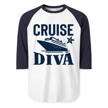 Cruise Diva Shirt - Bold Nautical Vacation Apparel for Women (Raglan) in WhiteNavy - Cruise Diva Shirt - Bold Nautical Block Letters with Cruise Ship Graphic