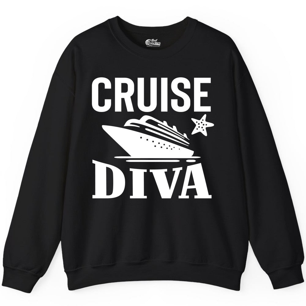 Cruise Diva Shirt - Bold Nautical Vacation Apparel for Women (Sweatshirt) in Black - Cruise Diva Shirt - Bold Nautical Block Letters with Cruise Ship Graphic