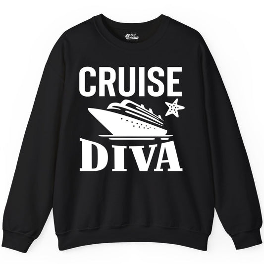 Cruise Diva Shirt - Bold Nautical Vacation Apparel for Women (Sweatshirt) in Black - Cruise Diva Shirt - Bold Nautical Block Letters with Cruise Ship Graphic