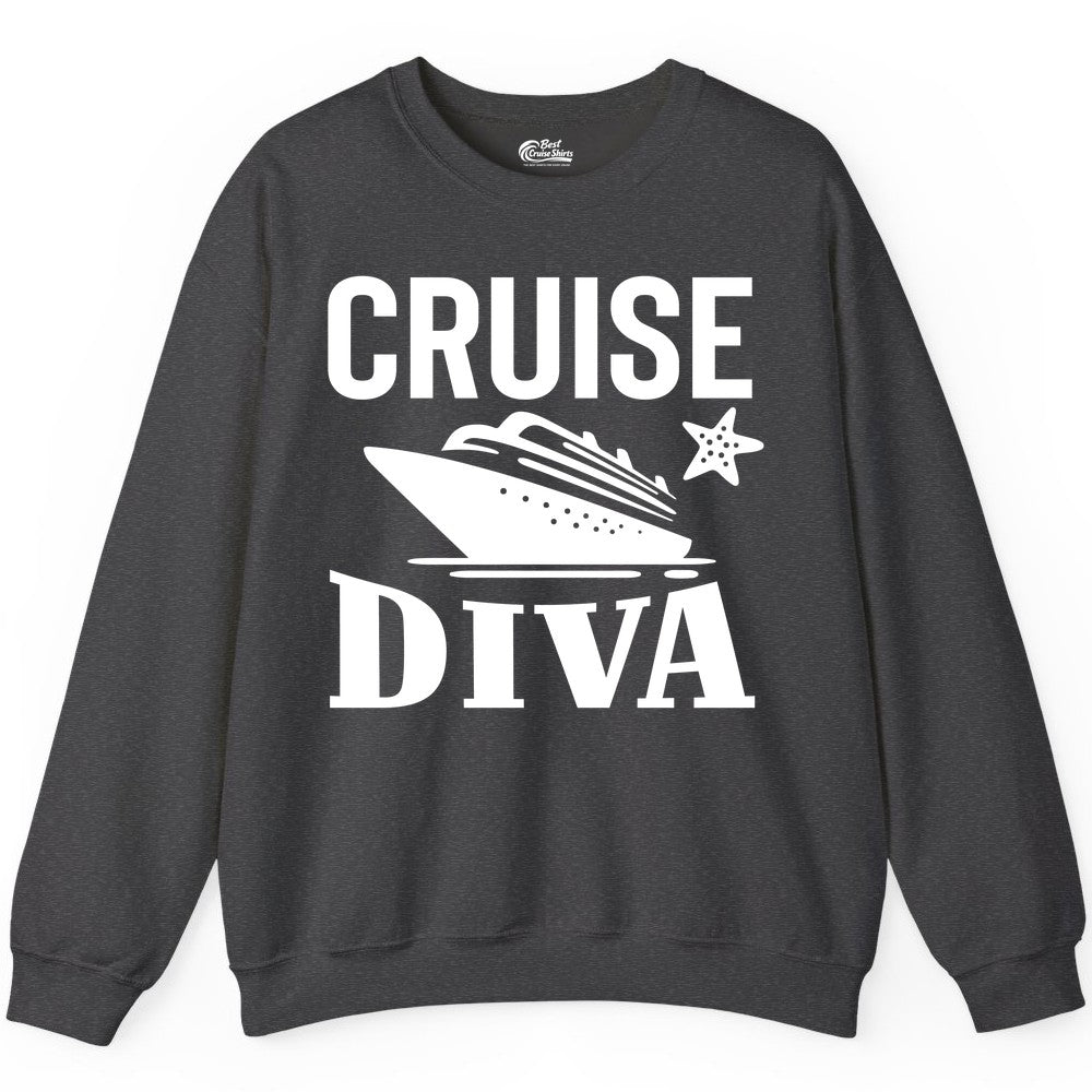 Cruise Diva Shirt - Bold Nautical Vacation Apparel for Women (Sweatshirt) in Dark Heather - Cruise Diva Shirt - Bold Nautical Block Letters with Cruise Ship Graphic