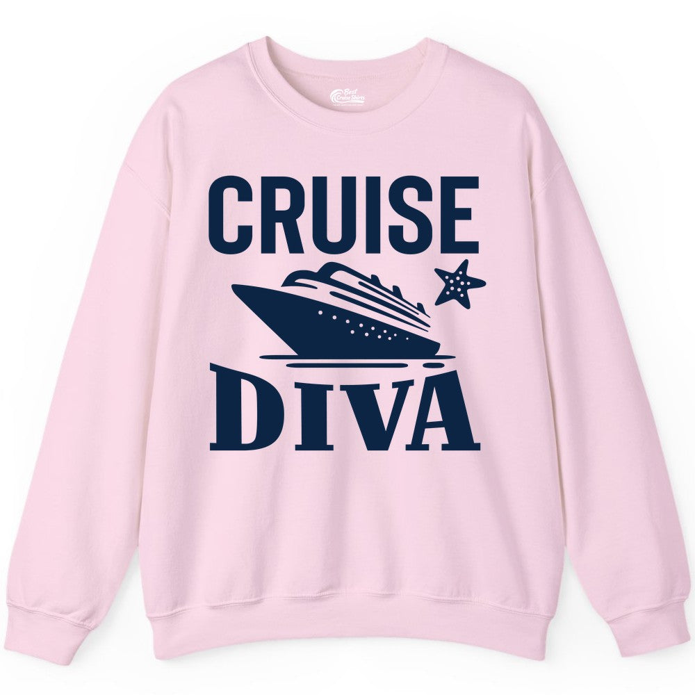 Cruise Diva Shirt - Bold Nautical Vacation Apparel for Women (Sweatshirt) in Light Pink - Cruise Diva Shirt - Bold Nautical Block Letters with Cruise Ship Graphic