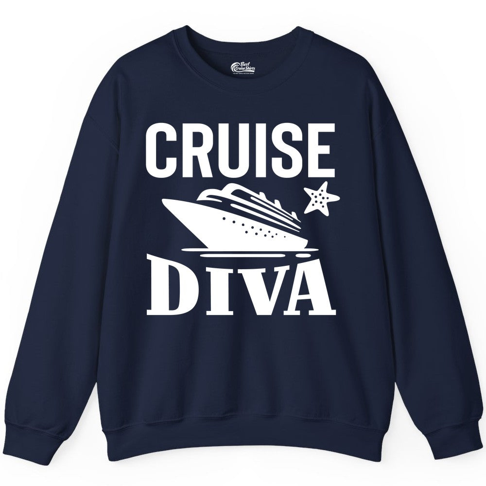 Cruise Diva Shirt - Bold Nautical Vacation Apparel for Women (Sweatshirt) in Navy - Cruise Diva Shirt - Bold Nautical Block Letters with Cruise Ship Graphic