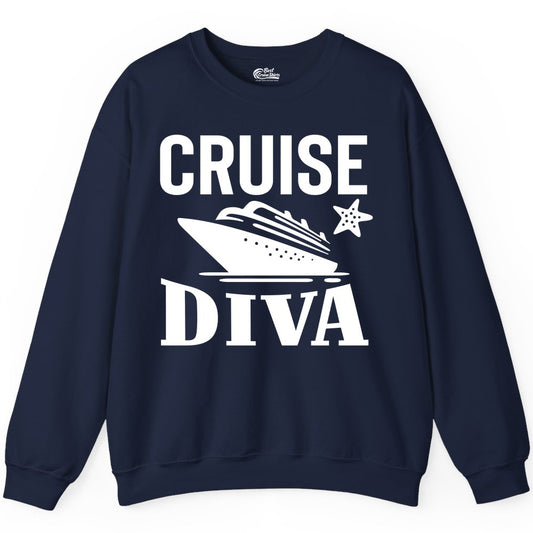 Cruise Diva Shirt - Bold Nautical Vacation Apparel for Women (Sweatshirt) in Navy - Cruise Diva Shirt - Bold Nautical Block Letters with Cruise Ship Graphic