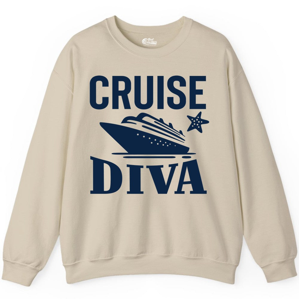 Cruise Diva Shirt - Bold Nautical Vacation Apparel for Women (Sweatshirt) in Sand - Cruise Diva Shirt - Bold Nautical Block Letters with Cruise Ship Graphic