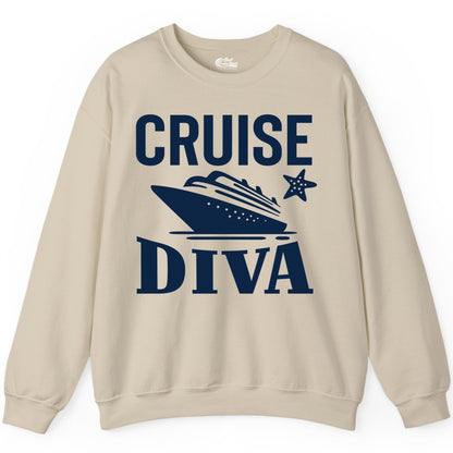 Cruise Diva Shirt - Bold Nautical Vacation Apparel for Women (Sweatshirt) in Sand - Cruise Diva Shirt - Bold Nautical Block Letters with Cruise Ship Graphic