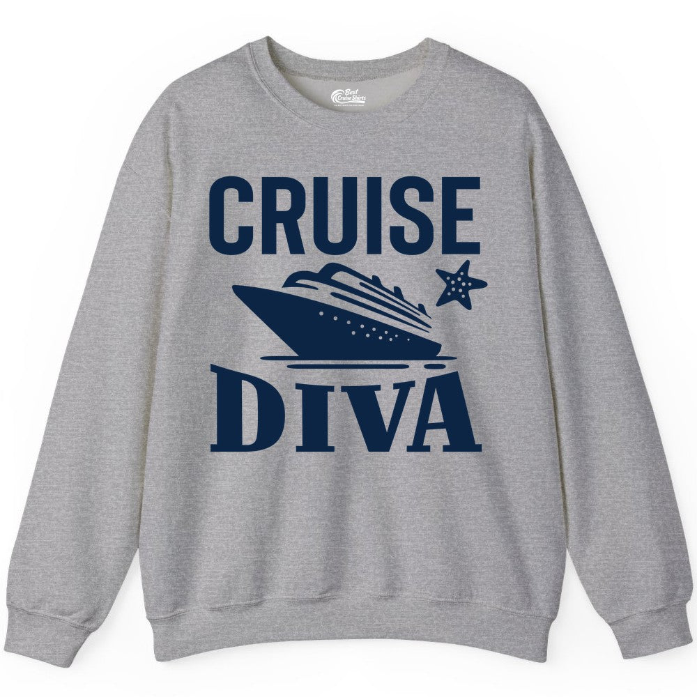 Cruise Diva Shirt - Bold Nautical Vacation Apparel for Women (Sweatshirt) in Sport Grey - Cruise Diva Shirt - Bold Nautical Block Letters with Cruise Ship Graphic