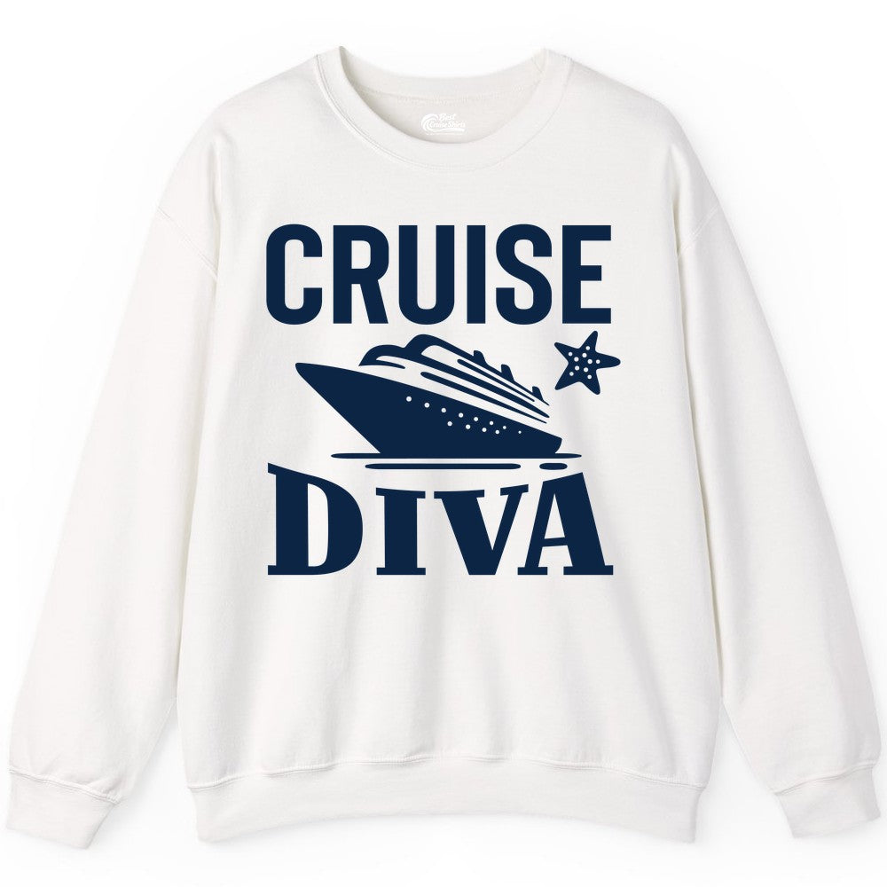 Cruise Diva Shirt - Bold Nautical Vacation Apparel for Women (Sweatshirt) in White - Cruise Diva Shirt - Bold Nautical Block Letters with Cruise Ship Graphic