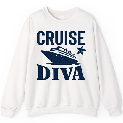 Cruise Diva Shirt - Bold Nautical Vacation Apparel for Women (Sweatshirt) in White - Cruise Diva Shirt - Bold Nautical Block Letters with Cruise Ship Graphic