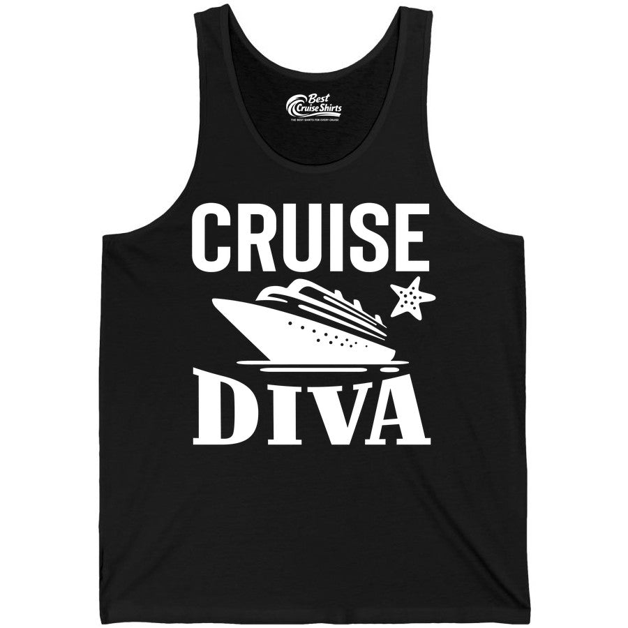 Cruise Diva Shirt - Bold Nautical Vacation Apparel for Women (Tank Top) in Black - Cruise Diva Shirt - Bold Nautical Block Letters with Cruise Ship Graphic