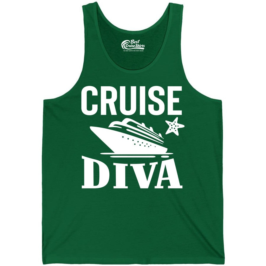 Cruise Diva Shirt - Bold Nautical Vacation Apparel for Women (Tank Top) in Kelly - Cruise Diva Shirt - Bold Nautical Block Letters with Cruise Ship Graphic