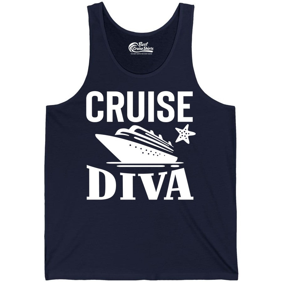 Cruise Diva Shirt - Bold Nautical Vacation Apparel for Women (Tank Top) in Navy - Cruise Diva Shirt - Bold Nautical Block Letters with Cruise Ship Graphic