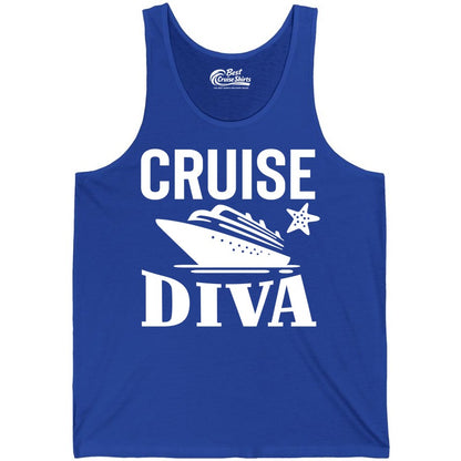 Cruise Diva Shirt - Bold Nautical Vacation Apparel for Women (Tank Top) in True Royal - Cruise Diva Shirt - Bold Nautical Block Letters with Cruise Ship Graphic