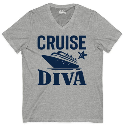 Cruise Diva Shirt - Bold Nautical Vacation Apparel for Women (V-Neck) in Athletic Heather - Cruise Diva Shirt - Bold Nautical Block Letters with Cruise Ship Graphic