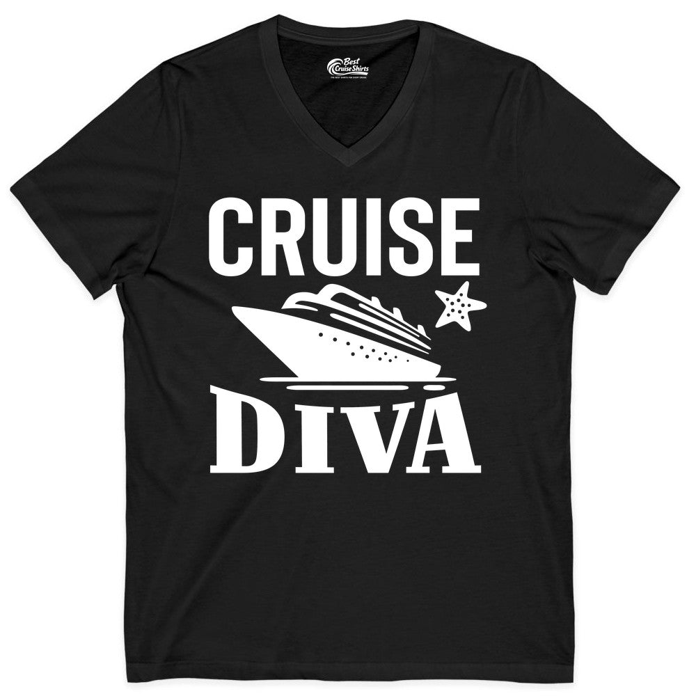 Cruise Diva Shirt - Bold Nautical Vacation Apparel for Women (V-Neck) in Black - Cruise Diva Shirt - Bold Nautical Block Letters with Cruise Ship Graphic