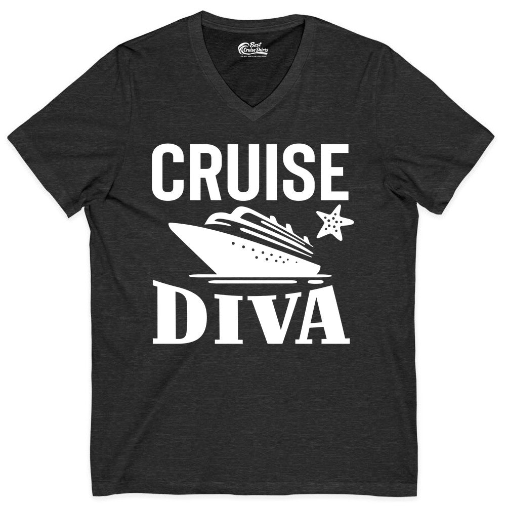 Cruise Diva Shirt - Bold Nautical Vacation Apparel for Women (V-Neck) in Dark Grey Heather - Cruise Diva Shirt - Bold Nautical Block Letters with Cruise Ship Graphic