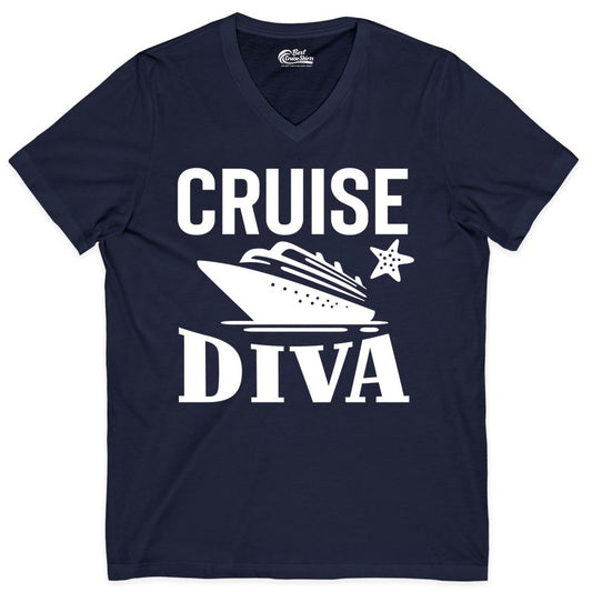 Cruise Diva Shirt - Bold Nautical Vacation Apparel for Women (V-Neck) in Navy - Cruise Diva Shirt - Bold Nautical Block Letters with Cruise Ship Graphic