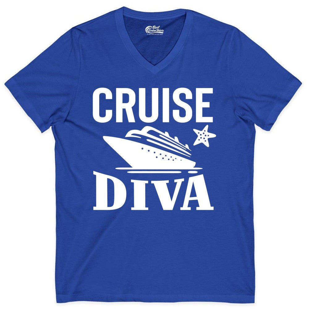 Cruise Diva Shirt - Bold Nautical Vacation Apparel for Women (V-Neck) in True Royal - Cruise Diva Shirt - Bold Nautical Block Letters with Cruise Ship Graphic