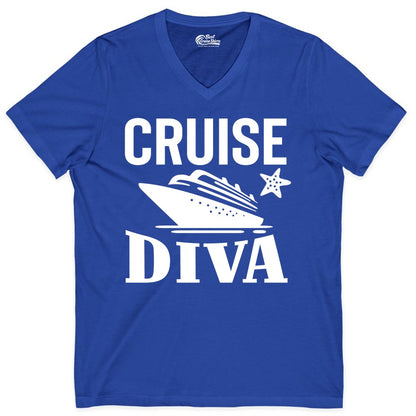 Cruise Diva Shirt - Bold Nautical Vacation Apparel for Women (V-Neck) in True Royal - Cruise Diva Shirt - Bold Nautical Block Letters with Cruise Ship Graphic