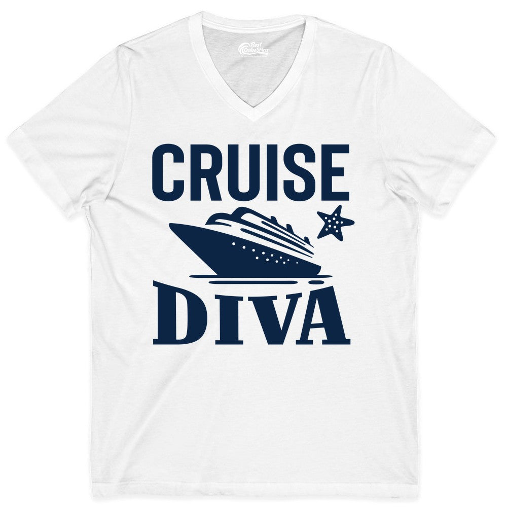 Cruise Diva Shirt - Bold Nautical Vacation Apparel for Women (V-Neck) in White - Cruise Diva Shirt - Bold Nautical Block Letters with Cruise Ship Graphic
