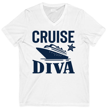 Cruise Diva Shirt - Bold Nautical Vacation Apparel for Women (V-Neck) in White - Cruise Diva Shirt - Bold Nautical Block Letters with Cruise Ship Graphic