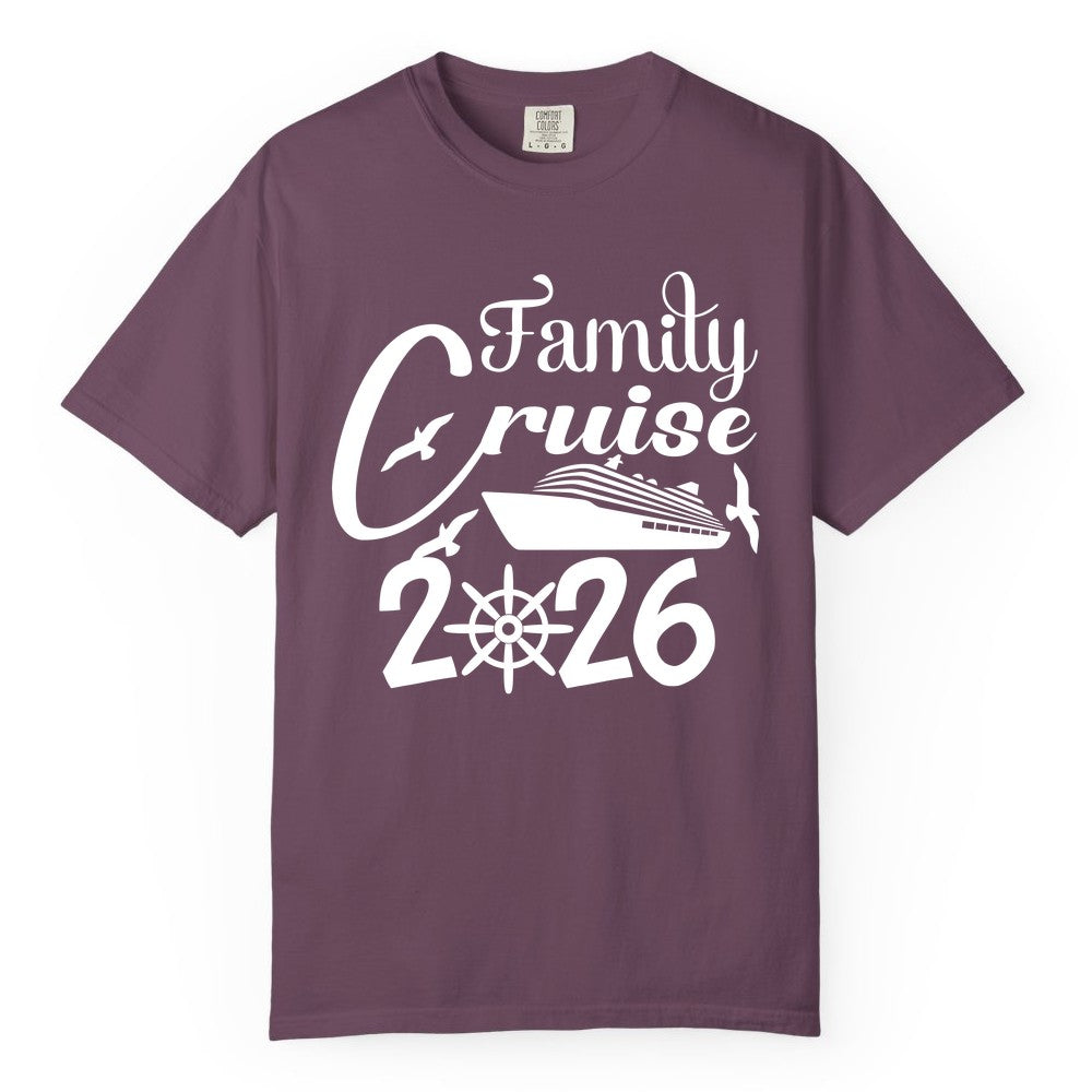 Family Cruise Shirts 2026 - Matching Cruise Group Shirts for Families (Comfort Color) in Berry - Family Cruise 2026 Shirt with Cruise Ship and Seagulls Graphic