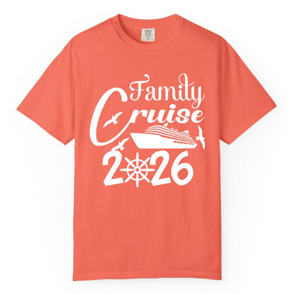 Family Cruise Shirts 2026 - Matching Cruise Group Shirts for Families (Comfort Color) in Bright Salmon - Family Cruise 2026 Shirt with Cruise Ship and Seagulls Graphic